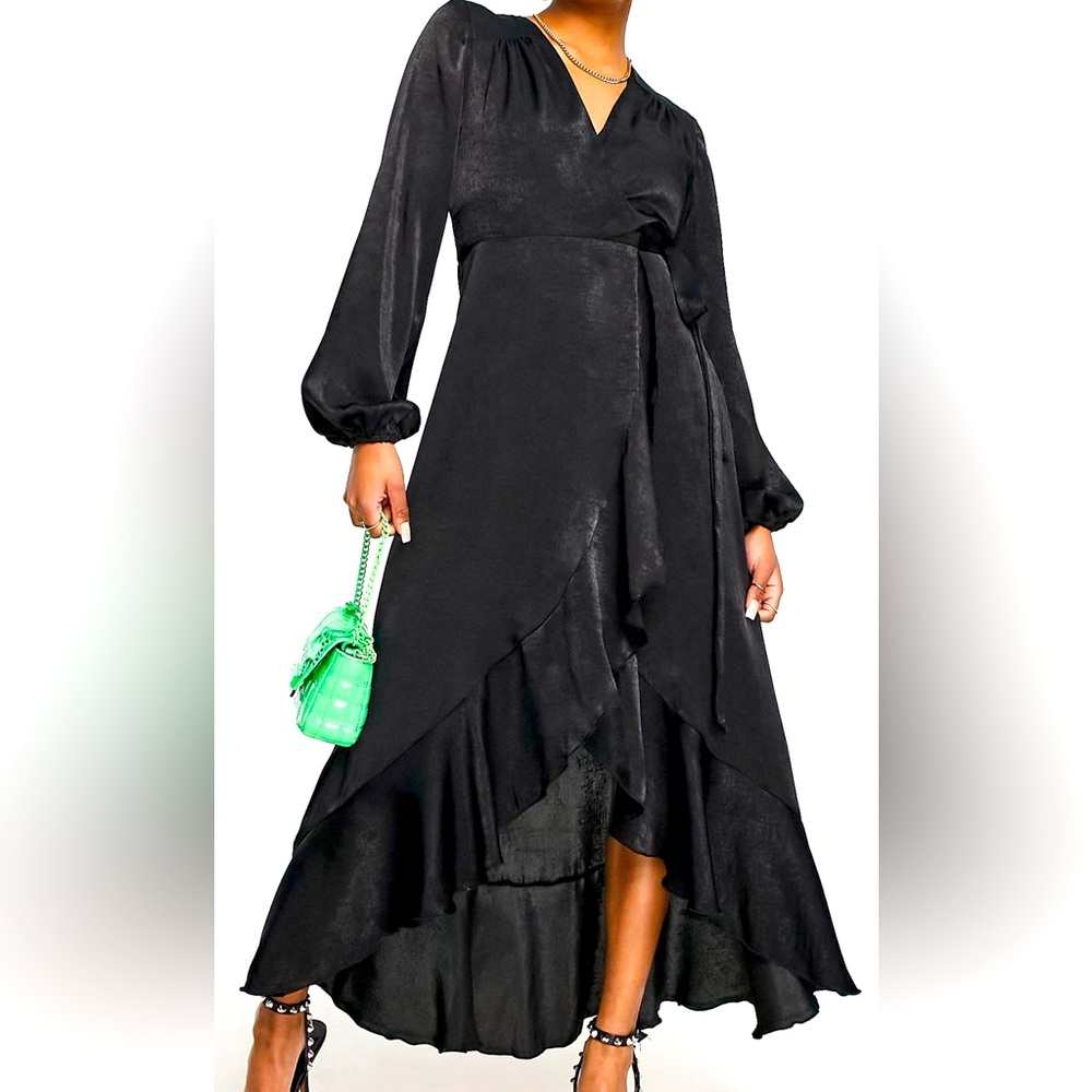 Flounce London-Flounce London satin long sleeve wrap midi dress in black